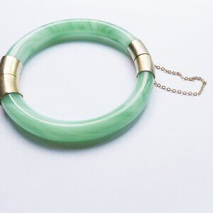 1950's Chinese Green Jade Hinged Bangle Bracelet